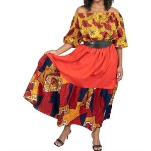 NEW KARA CHIC african off-shoulder maxi dress in orange